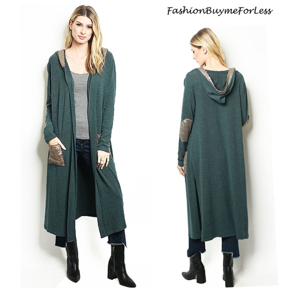 Sequin Pockets Hooded Longline Sweater Cardigan